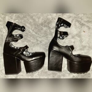 Dolls Kill Black Platform Mary Jane Heels | Triple Buckle Goth Platforms